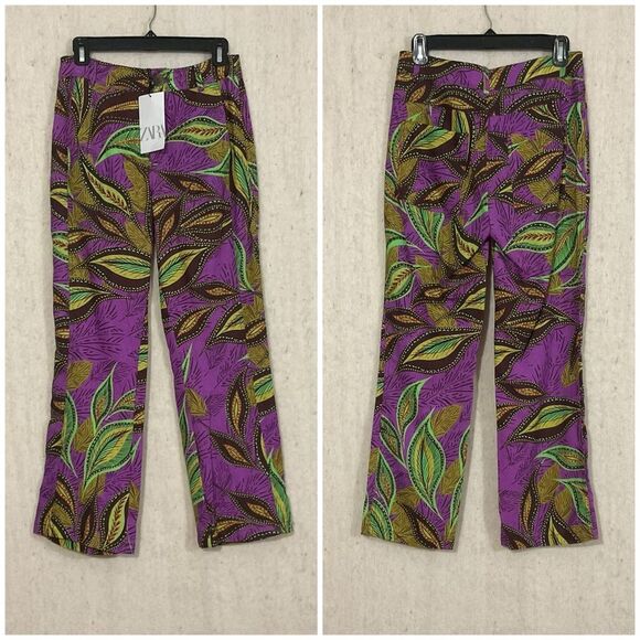 Zara Linen High Waisted Hi Rise Flare Patterned Pants Small - Picture 6 of 14